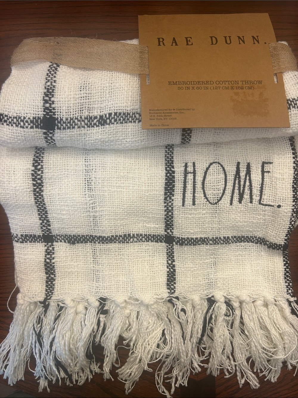 Rae Dunn White Throw with Black Grid and "HOME" Embroidery